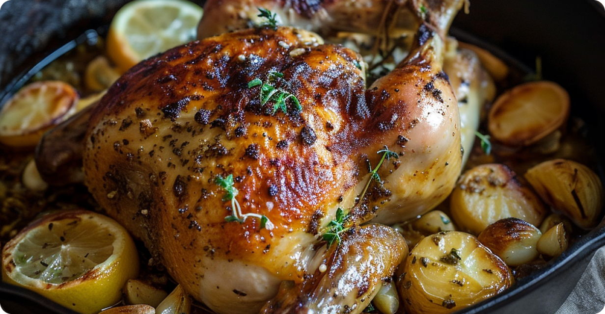 Lemon Garlic Roasted Chicken in a pan